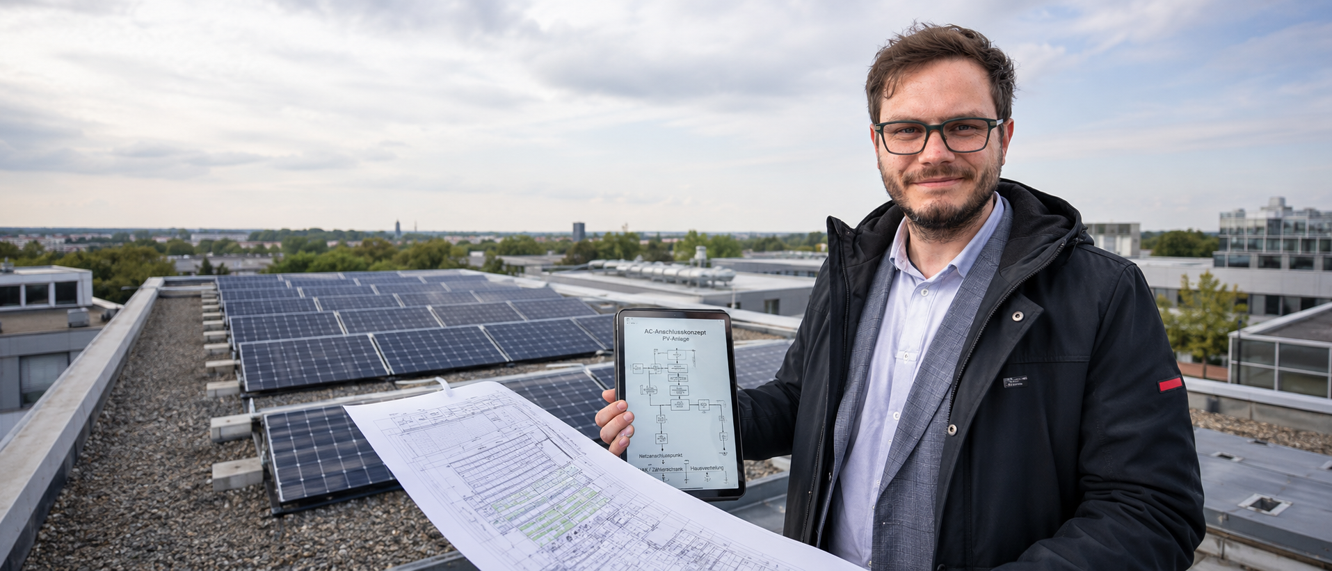 Dr.-Ing. Christopher Wilmes bei der Begutachtung einer Photovoltaikanlage auf dem Dach