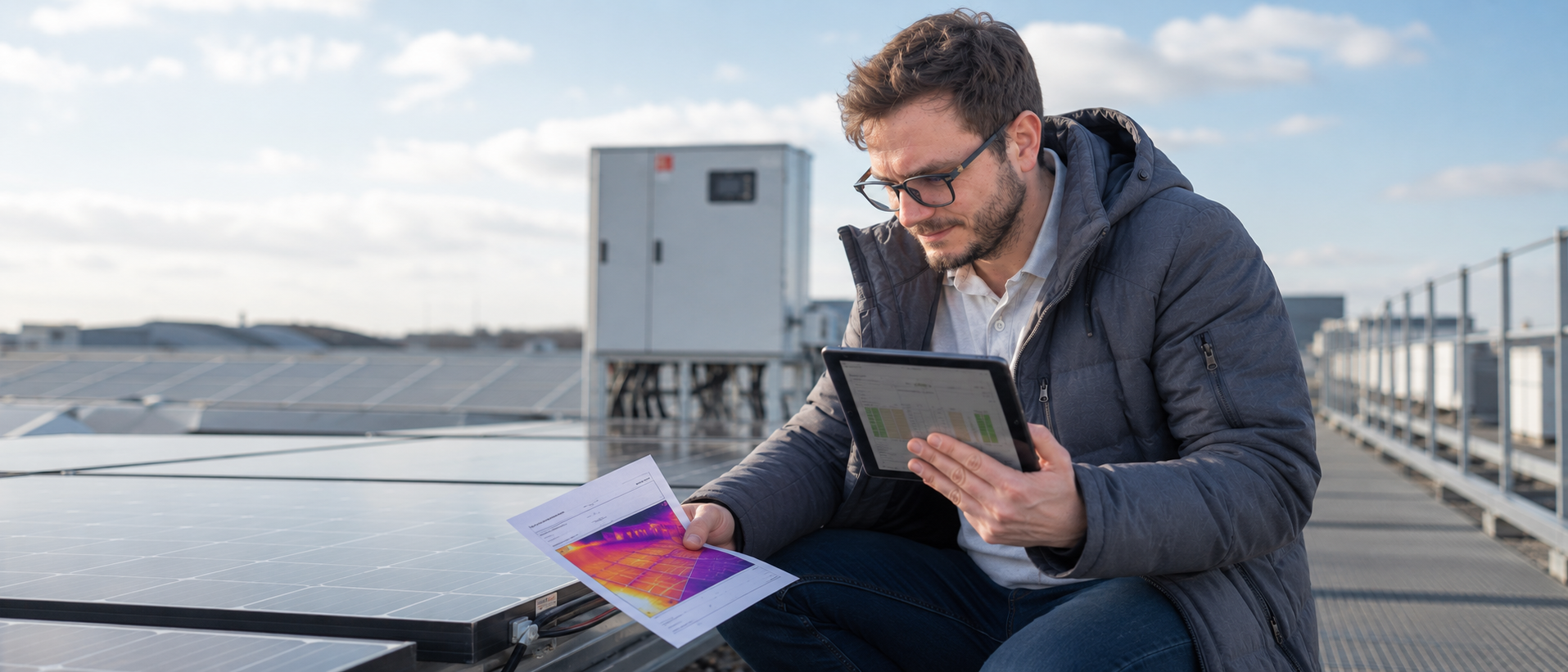 Dr.-Ing. Christopher Wilmes bei der Thermografie-Auswertung einer Photovoltaikanlage