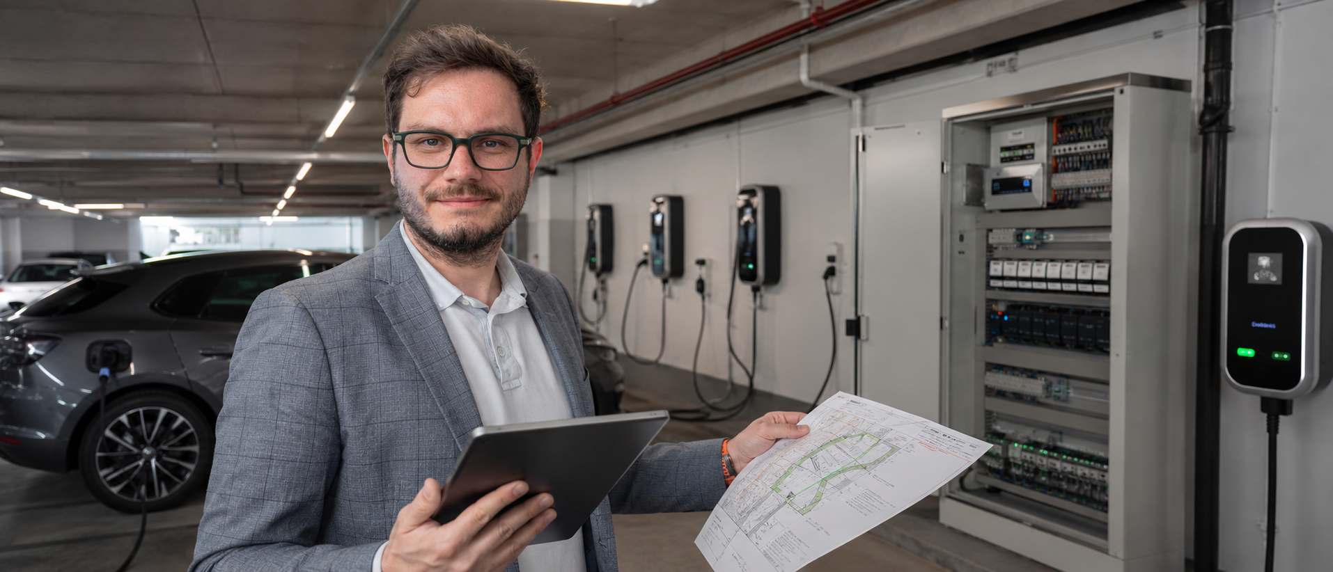 Dr.-Ing. Christopher Wilmes bei der Begutachtung von Ladeinfrastruktur und Lastmanagement